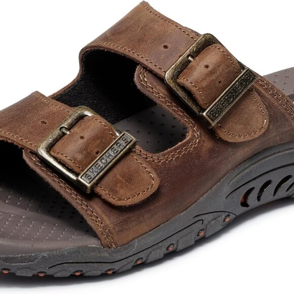 Shoes - Women's Leather Slide Sandals Adjustable Buckle Open Toe Casual Comfort